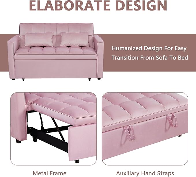 54 Convertible Sofa Bed Velvet Sleeper Sofa with Pull-Out Bed 3-in-1 Futon Couch with Reclining Backrest and Side Pocket Modern Loveseat for Living Room (Pink)
