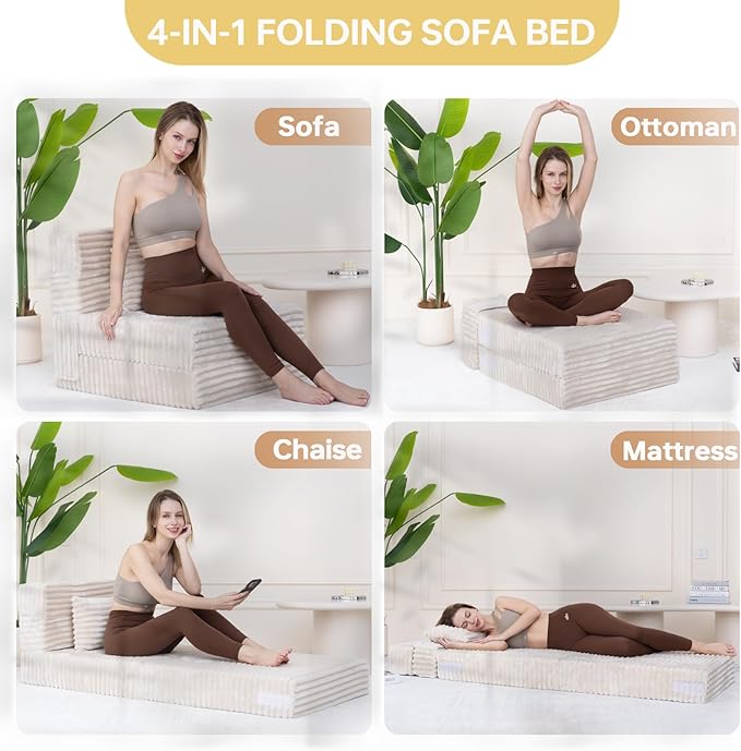 Folding Sofa Bed Single Convertible Futon Chair Bed with Pillow Folding Sofa Sleeper Chair Fold Out Couch Comfortable Foam Floor Couch for Living Room Bedroom Dorm Guest Room Beige