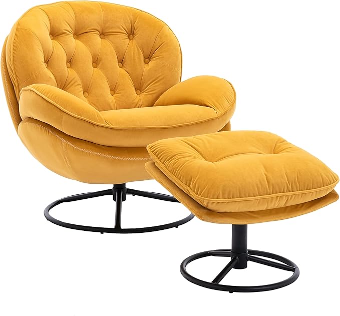 Accent Chair TV Chair Living Room Chair with Ottoman Modern Velvet Lounge Chair with Comfy Armchair with Metal Legs Swivel Leisure Chair for ClubHome OfficeMetal Base Frame (Yellow)