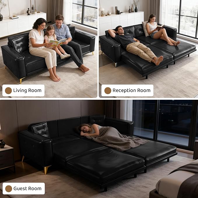 92 King Pull Out Sofa Bed PU Leather Convertible Sleeper Couch with Tufted Design Oversized 4-Seater Modern Mid Century Sectional Couch for Living Room Small Spaces Black