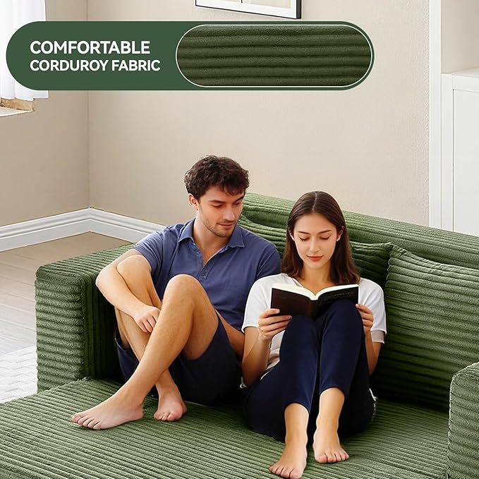 73 Convertible Sofa Bed Pull Out Boneless Loveseat Sleeper Sofa Corduroy Foldable Couch Bed with Storage Bag No Assembly Couch in a Box for Living Room Apartment (Green)