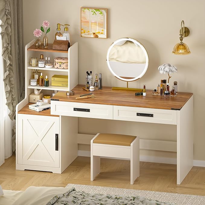 60'' Farmhouse Computer Desk with Drawers Home Office Desk with Bookcase Vanity Desk Writing Study Table with Storage Antique White