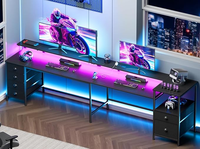 Furologee 95 Two Person Computer Gaming Desk Long 2 Person Home Office Desk with 6 Drawers &amp Storage Shelves Double Table with Power Outlets LED Lights and Full Monitor Shelf Black
