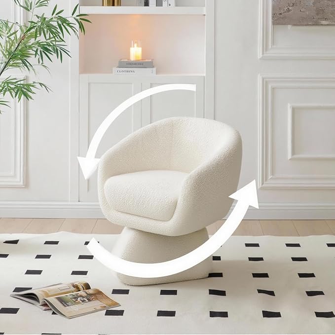 Modern Oversized 360° Boucle Swivel Barrel Chair with ArmrestsComfy Accent Lounge Chair for Living RoomBedroomApartmentSmall SpaceOffice (White)