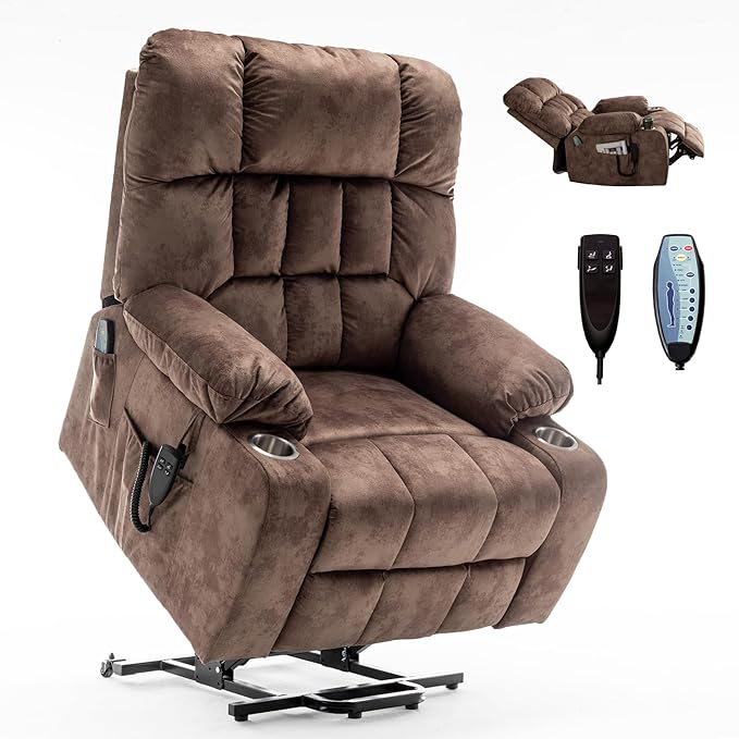 Oversized Power Lift Recliner Chair for Adult Elderly Dual Motor Lay Flat Electric Recliner with Massage &amp Heat 25.5 Wide Seat Big Tall Recliners for Living Room Velvet Brown