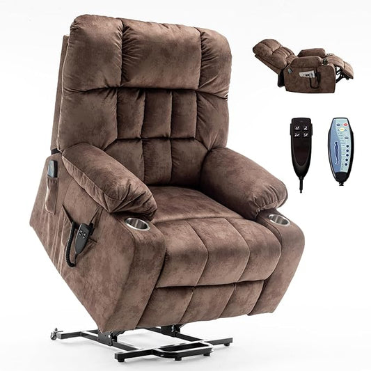 Oversized Power Lift Recliner Chair for Adult Elderly Dual Motor Lay Flat Electric Recliner with Massage &amp Heat 25.5 Wide Seat Big Tall Recliners for Living Room Velvet Brown