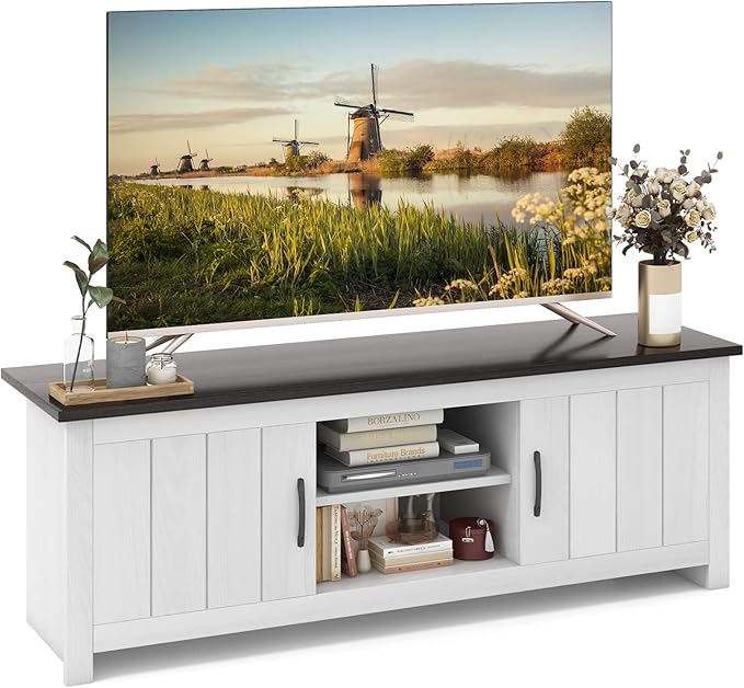 Tangkula 2 Doors TV Stand for TVs up to 65” 57” TV Console Table w/ 2 Cabinets &amp Open Shelves Media Entertainment Center w/ 2 Cable Management Holes Wood TV Cabinet for Living Room (Dark Brown)