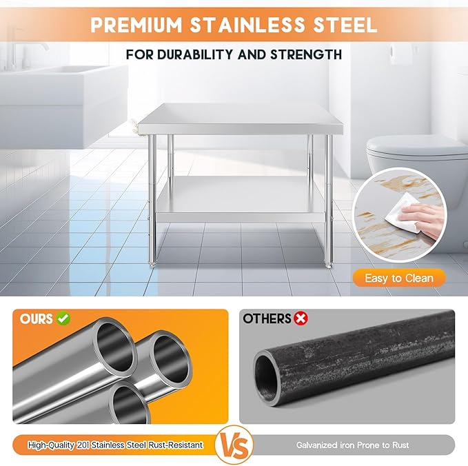 Jocisland 30 x 48 Stainless Steel Table for Prep &amp Work NSF Certified with Adjustable Under Shelf and Feet for Commercial Kitchen Restaurant Hotel Garage