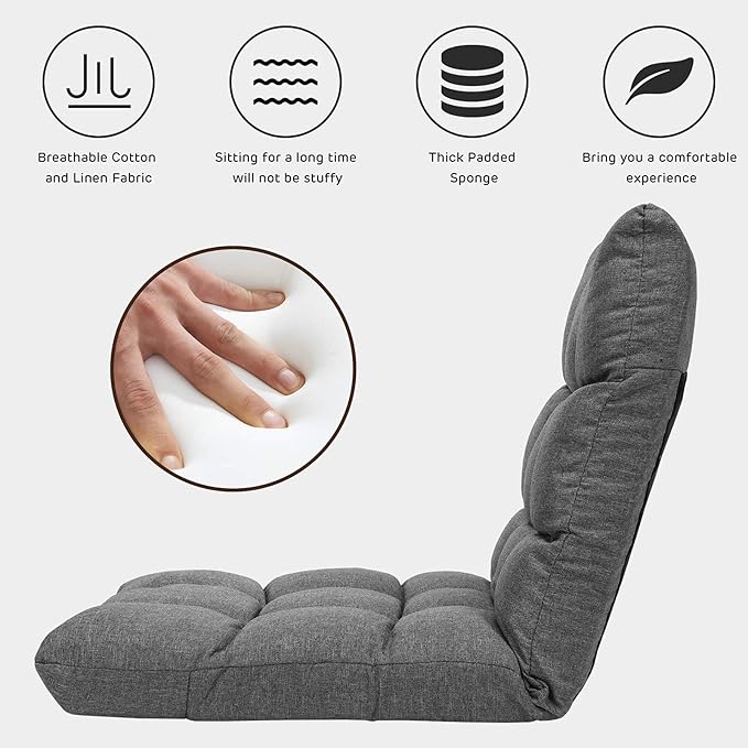 Giantex Adjustable Floor Gaming Sofa Chair 14-Position Cushioned Folding Lazy Recliner High Resilience Sponge Breathable Cotton &amp Linen Fabric Sleeper Bed Couch Recliner with Removable Cover (Gra