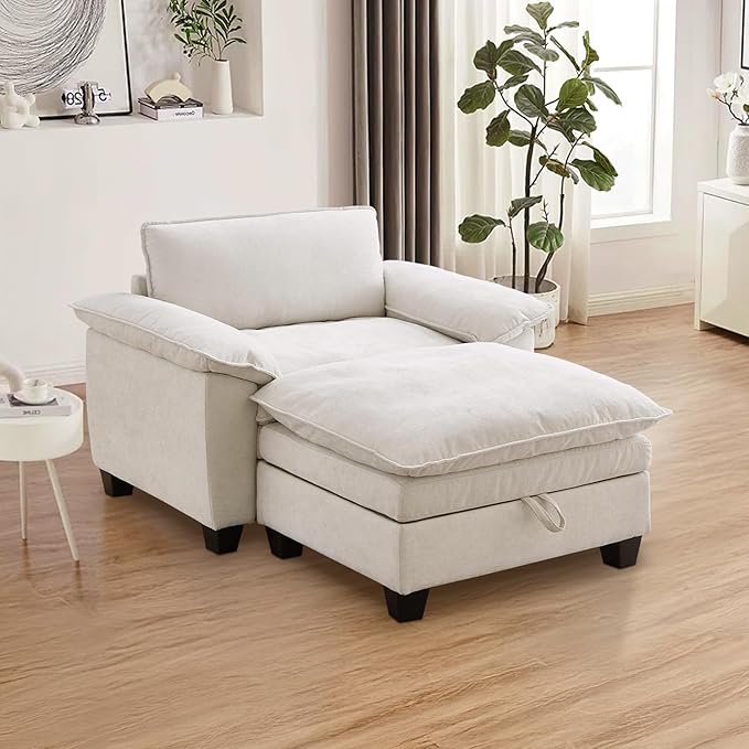 Oversized Chair with Ottoman Cloud Chenille Fabric Comfy Chaise Lounge Sofa Accent Arm Single Chair Indoor with Padded Armrest for Living Room Bedroom Office Storage Ottoman Beige