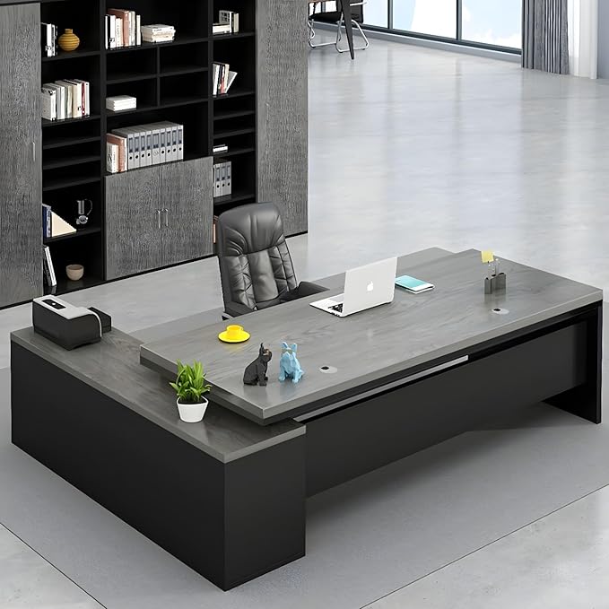 LITFAD Modern L-Shape Office Desk with Wood Base Executive Desks Boss Table Computer Desk Home Office Furniture with Drawers and Storage Shelves - Without Chairs 63 L x 23.6 W x 29.5 H Gray