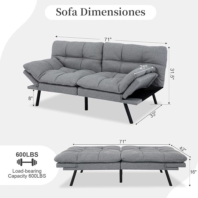 Opoiar Futon Sofa Bed Convertible Memory Foam Foldable Couch Modern Sleeper Loveseat with Adjustable Armrests&ampBackrests for Small Spaces Office Studio Apartment Dorm Game Room