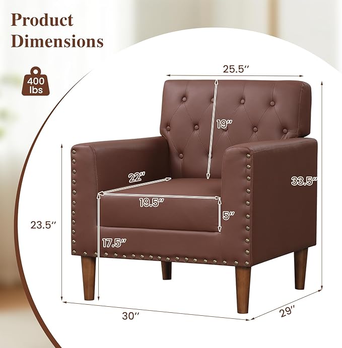 KOMFOTT Mid Century Modern Accent Chair Faux Leather Upholstered Armchair with Button Tufted Decoration &amp Rivets Rubber Wood Legs Soft Padded Seat Cushion Single Sofa for Living Room Home