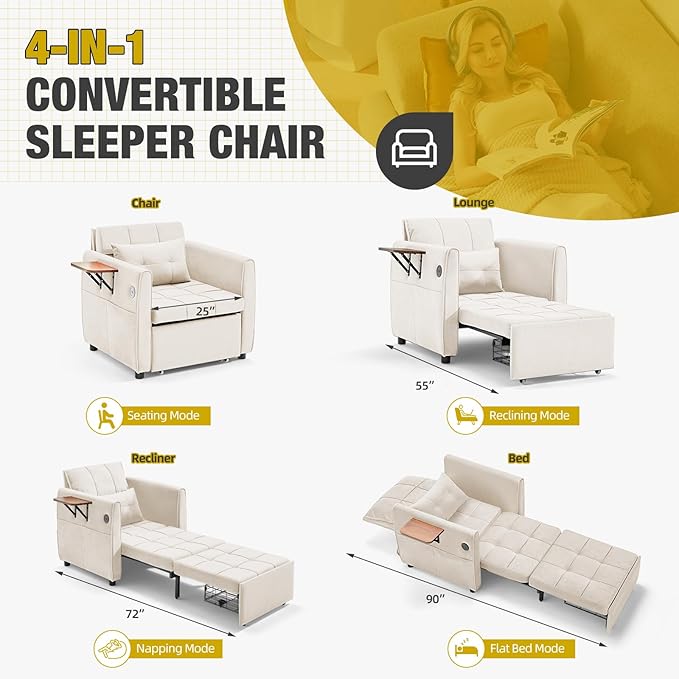 Convertible Sleeper Chair 4 in 1 Pull Out Chair Bed for Adults with Wing Table USB Charging &amp Bottom Storage Space-Saving 90 Single Sofa Bed Chairs for Living Room Dark Gray