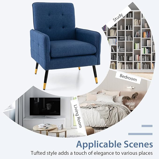 Giantex Modern Mid-Century Accent Chair - Upholstered Armchair with Tufted Back Metal Legs Adjustable Foot Pads Linen Fabric Single Sofa Chair for Reading Living Room Chair for Bedroom Blue