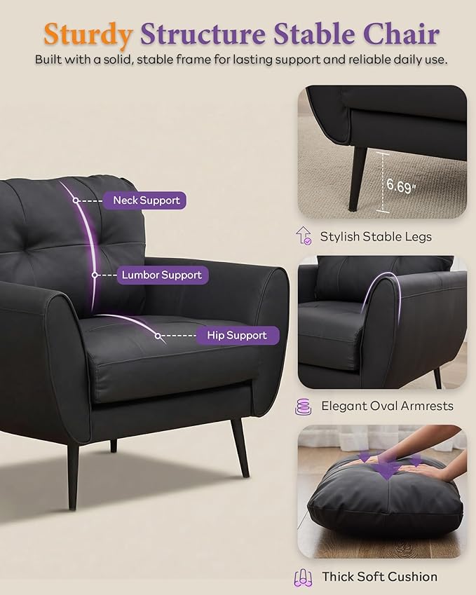TYBOATLE Accent Chair Comfy Modern Living Room Chair Black Leather Reading Accent Chairs Tufted Mid Century Moden Arm Chair Small Salon Chair for Office Bedroom (1 Black)