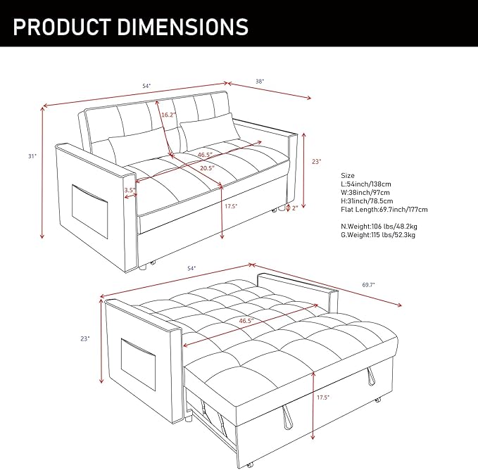 3 in 1 Convertible Sleeper Sofa Futon BedModern Velvet Pull Out Couch Bed with Reclining Backrest&amp2 Pillows54 Full Size Small Love Seat Lounge Couches for Small SpacesLiving Room (Black)