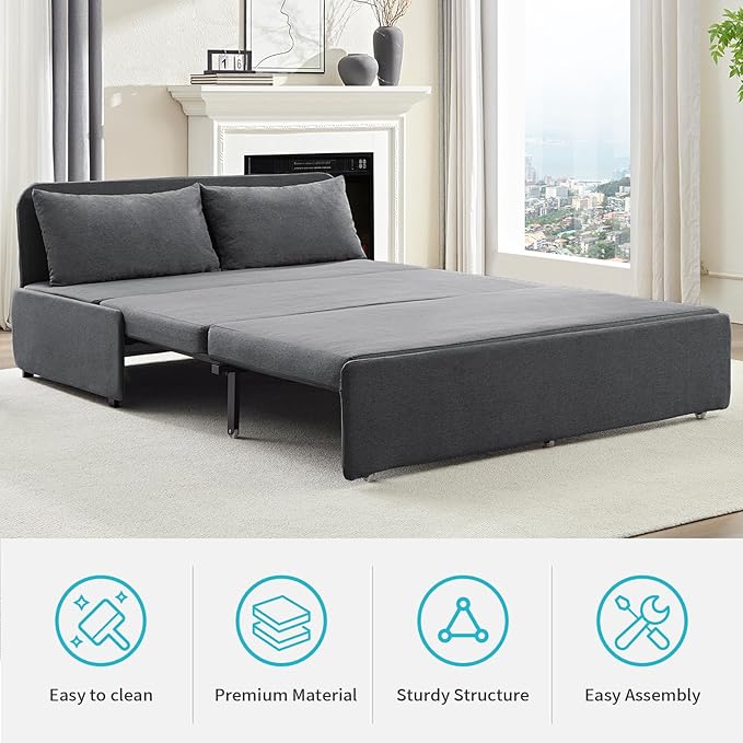 CECER 64.2 Queen Size Pull Out Sofa Bed Pull Out Couch Bed with 2 Pillows Linen Convertible Sleeper Sofa with Comfy Mattress 2 in 1 Armless Loveseat Sleeper for Living Room-Dark Grey