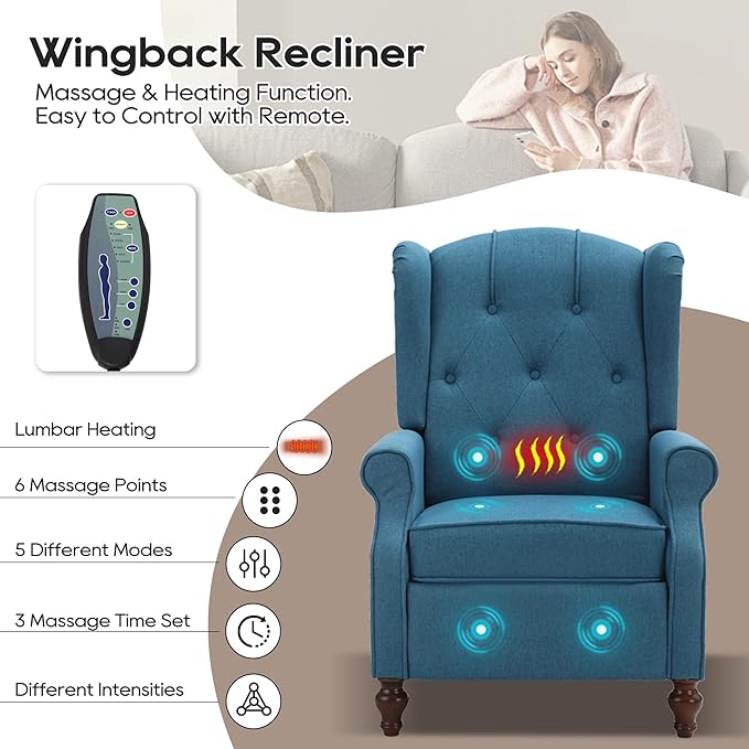 Wingback Recliner Chair with Massage and Heat Tufted Fabric Push Back Recliner Chair for Living Room Vintage Wingback Chair with Remote Control Padded Cushion Backrest Wooden Legs