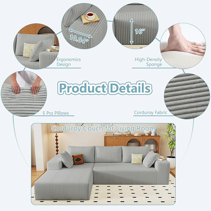 96 Cloud Sectional Couch with L-Shape Chaise Modern Corduroy Boneless Couch for Living RoomMemory Foam Sofa with Deep SeatNo Assembly Required (GreyLeft-Facing Chaise)