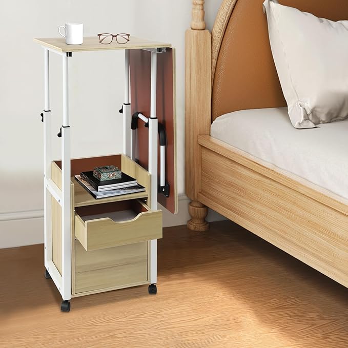 Home Office Desk with Wheels Movable Bedside Table with Plastic Drawers Height Adjustable Over Bed Desk for Laptop White for Home Office Study (Light Wood + White)