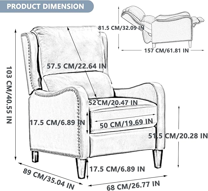 Leather Pushback Recliner Chair PU Leather Push Back Armchair Upholstered Recliner Chair 105-135 Degree Adjustable Retro Accent Chair for Living Room Bedroom - Gray