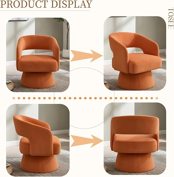 360 Degree Swivel Barrel Chair for Living Room Orange Velvet Accent Armchair with Open Back Modern Comfy Reading Chair for Bedroom Cloud Boho Chairs for Office Club Lobby (Orange)
