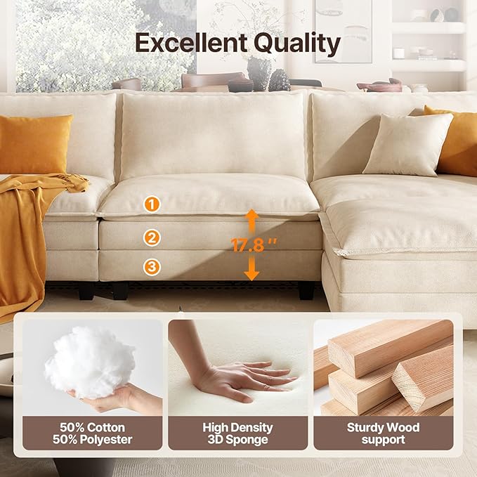 107 L Shaped Modular Sectional Cloud Couch with Pillow Deep Seat Sofa Couches for Living Room 4-Seat Modern Sofa with Movable Ottoman Comfortable Living Room Couch (Beige 107 Inch-L)