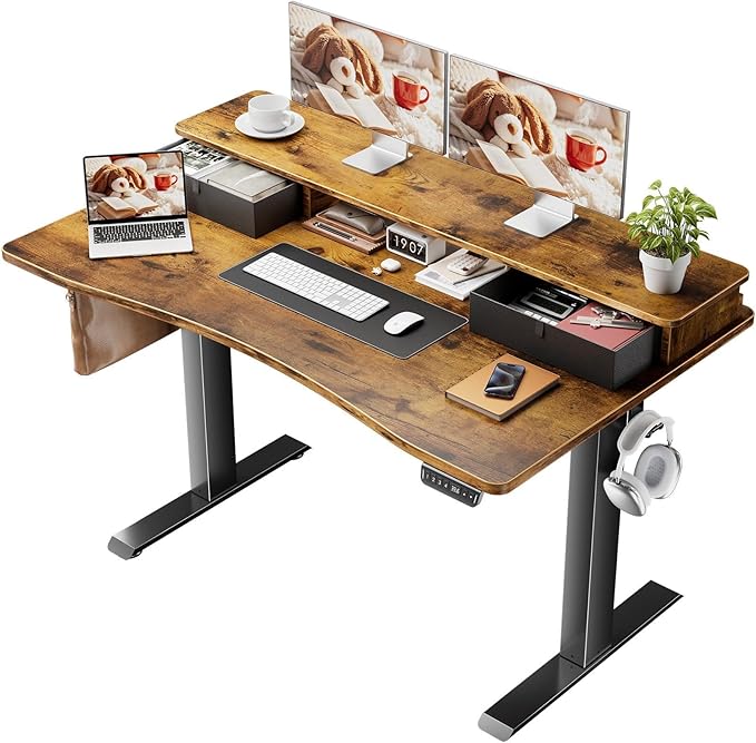 Veken 47.2×27.6 Standing Desk with Storage Drawers Adjustable Height Computer Table with Monitor Shelf Home Office Desk for Study Gaming Workstation Brown