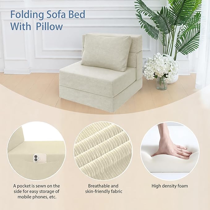 Sofa Bed Foldable Mattress Folding Sleeper Sofa Chair Bed Floor Mattress with Pillow for Living Room Home Office (Off White- Corduroy Single)