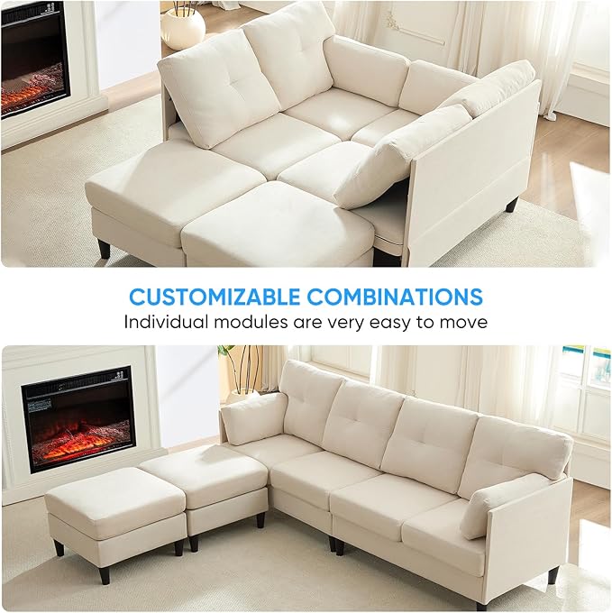 PUREMIND Sectional Home Sofa Living Room Modern U-Shaped Sofa Couches with Double Chaise Upholstered 4 Seater Sofa for Living Room Apartment Beige