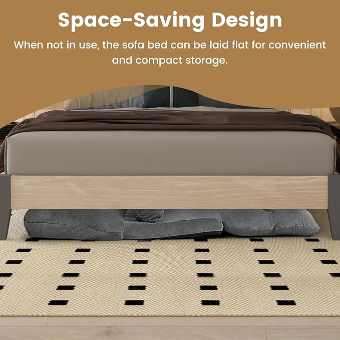 KOMFOTT Foldable Floor Lazy Sofa with 2 Pillows 6-Position Adjustable Reclining Sofa Sleeper Bed Convertible Futon Couch Bed Floor Couch Lounge for Relaxing Reading Playing Gaming (Grey)