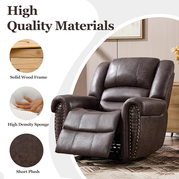 CANMOV Rocker Recliner Chair Leather Recliner Chair with Overstuffed Backrest and Armrests Manual Single Sofa for Living RoomBedroom Dark Grey