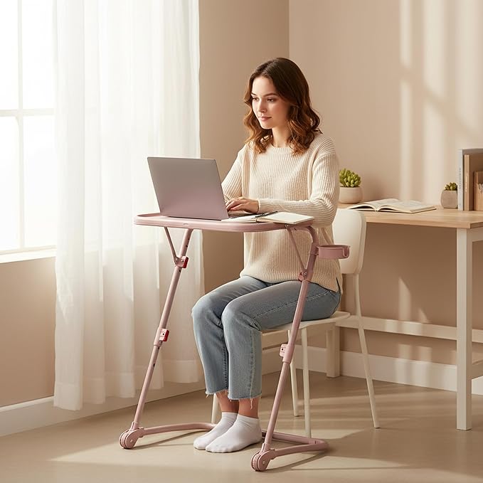 Homy Casa Adjustable Z Shaped Study Desk with Cup Holder Space Saving Portable Laptop Foldable Table for Home Office Living Room &amp Bedroom Sturdy Metal Frame &amp PP Top Black (1PC-Pink)