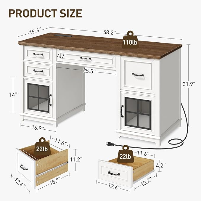 58 Executive Desk Farmhouse Computer Desk with Drawers and File Cabinet LED Light Wooden Home Office Desk with Charging Station Workspace for Study Writing White and Walnut