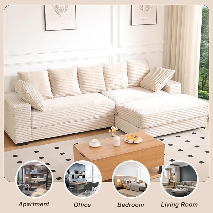 108 Oversized Sectional Sofa Modular Deep Seat Sofa Couch with Storage Ottoman Modern Comfy Upholstered Cloud Couches L-Shaped Corduroy Sofa Chaise with 8 Pillows for Living Room Light Beige