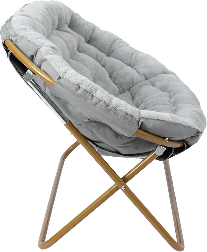 Flash Furniture Eleanor Portable Double Saucer Chair with 2 Ottomans Folding Steel Frames for Dorm or Bedroom 56 Gray Faux Fur/Soft Gold Frame