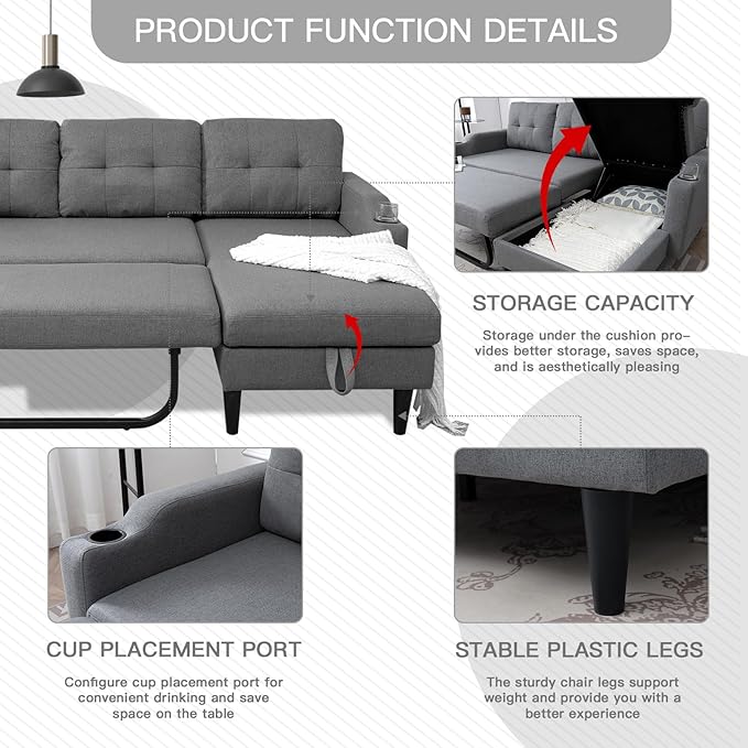 Convertible Sleeper Pull Out Couch Bed with Storage Chaise Linen Upholstered Sectional L-Shape Apartment Couch Pullout Sofa Bed with Side Pocket and Cup Holder Removable Backrest (Gray)