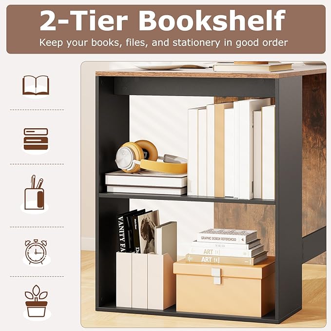Giantex Small Desk with Bookshelf 44 Inch Modern Computer Desk for Small Spaces Laptop PC Desk Vanity Table for Bedroom Study Writing Desk for Home Office (Black+Rustic Brown)