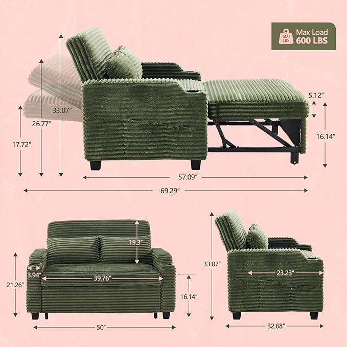 VINGLI Green Futon Sofa Bed Convertible Loveseat Sleeper Sofa Couch Corduroy Pullout Sofa Fold Out Couch Bed with USB Ports Cup Holders Armrest for Living Room Bedroom Apartment Room | Lveseat Sle