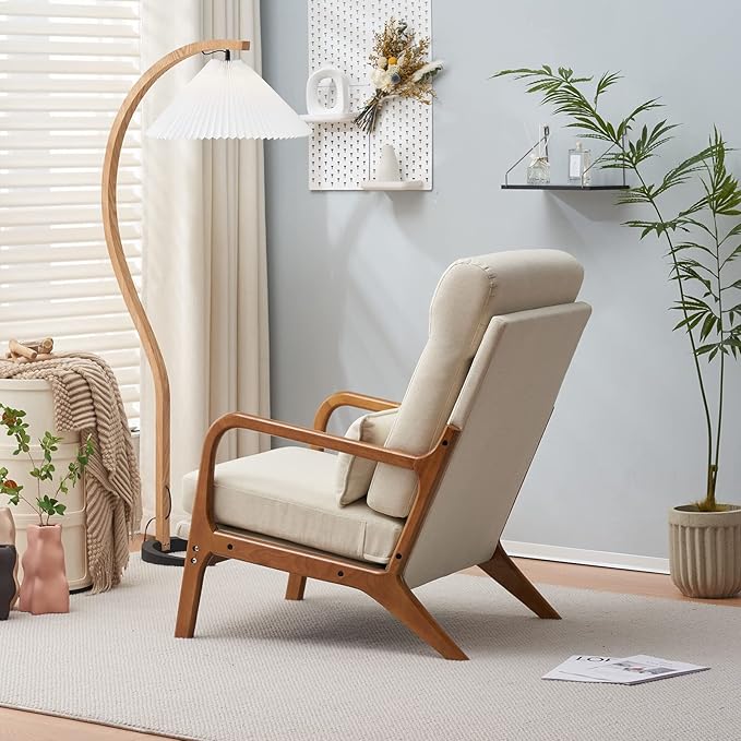 Mid-Century Modern Accent Chair with CushionHigh Back Solid Wood Armrest Chairs Backrest Linen Fabric Indoor Leisure Chair for Living RoomBedroomReadingBalcony (Beige)