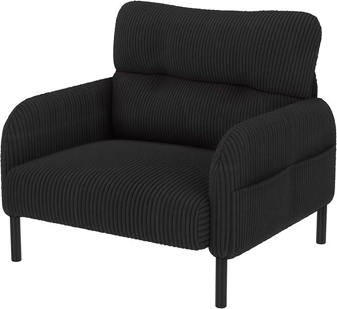 Black Accent Chair - Corduroy Living Room Chairs with Side Storage Pockets and Durable Legs Comfy Arm Reading Chair with Soft Backrest for Bedroom Balcony Study Room