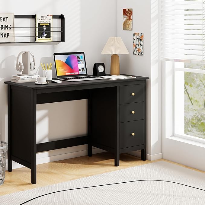 NAFORT 2-Drawer Computer Desk Modern Home Office Desk with Storage &amp Spacious Desktop Compact Writing Study Desk for Bedroom Small Spaces Multipurpose Workstation Black