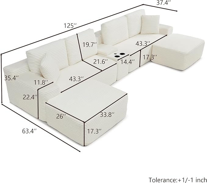 U-Shaped Cloud Sectional Couch Symmetrical Modular Compressed Boneless Sectional Sofa with Chaise Lounges and Console Plush Corduroy Boneless Corner Sofa for Living Room
