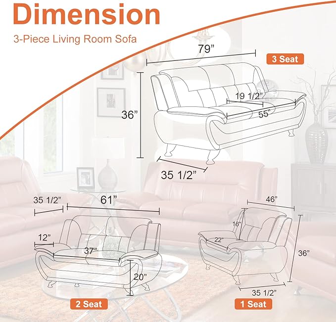 Living Room Furniture Sets 2-Piece Orange Faux Leather Sofa Couches Sofa and Chair for Bedroom Apartment Rv Car