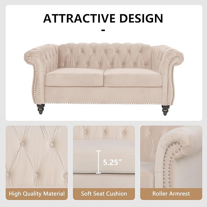 Chesterfield 3 Seater Sofa Sofa Couch with Rolled Arms Tufting Nailhead Trim Large Couch for Living RoomBedroom Office Apartment (Velvet Beige)