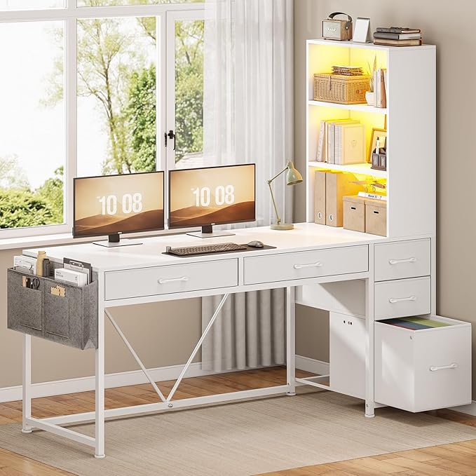 SEDETA Computer Desk with 5 Drawers and Bookshelf Reversible Home Office Desk with Storage Shelves and File Drawer Gaming Desk with LED Lights for Small Spaces White