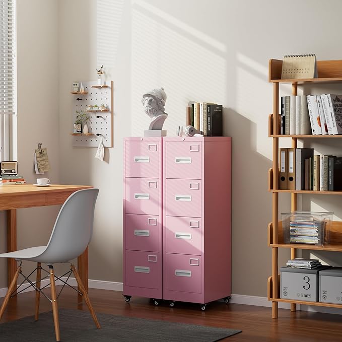 METAN 4 Drawer File Cabinet on Wheels Lockable Metal Filing Cabinet with Handle and Name Card for Office HomeAssembly RequiredPink