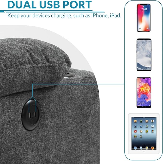 Power Lift Recliner Chair for Elderly Electric Massage Heated Recliner Chair Ergonomic Fabric Lift Chair with 2 Remote Controls USB Ports Cup Holders &amp Side Pockets for Living Room (Grey)