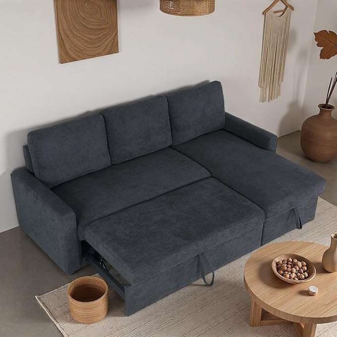 Sleeper Sofa Couch with Pull Out Bed L Shaped Couch Bed with Storage Sectional Sleep Couches Convertible Sleeper Sofa Beds W/Reversible Chaise&ampBack Cushion for Living Room Black